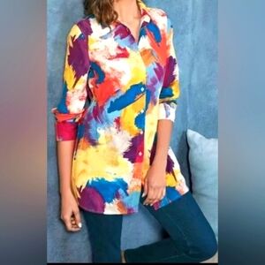 Ladies Soft Surroundings Top Paint Palette Art To Wear Gauze Button Front LRG